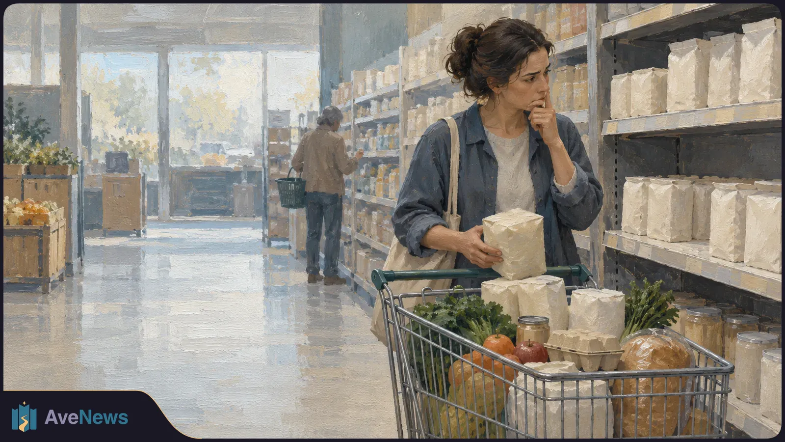 Painted supermarket scene: a woman holds a paper-wrapped item beside a cart full of groceries, looking at shelves of similar packages; another shopper stands farther down the aisle. SI illustration