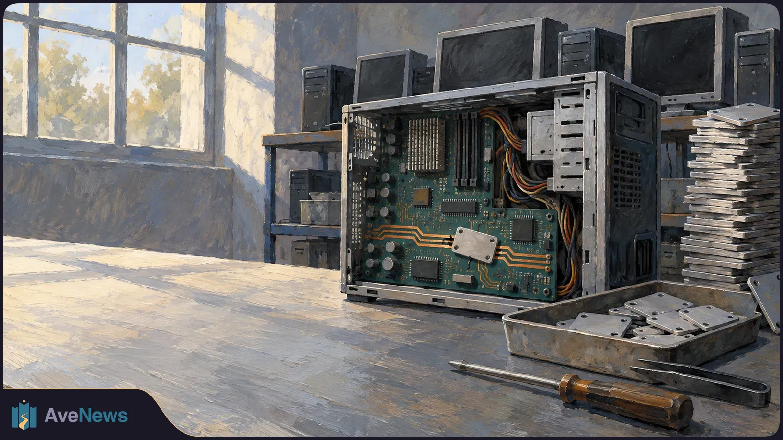 Painted illustration of an open desktop computer with its circuit board exposed on a workbench. Loose metal plates and a screwdriver sit nearby; blank monitors stand behind it. SI illustration