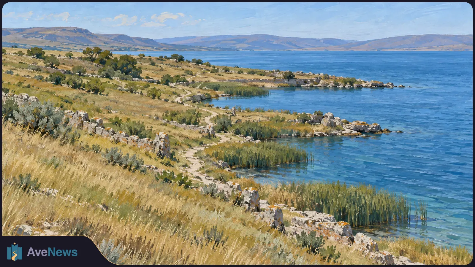 Painted view of a blue lake, a dry rocky shore with reeds and shrubs, a winding path, and distant mountains. SI illustration