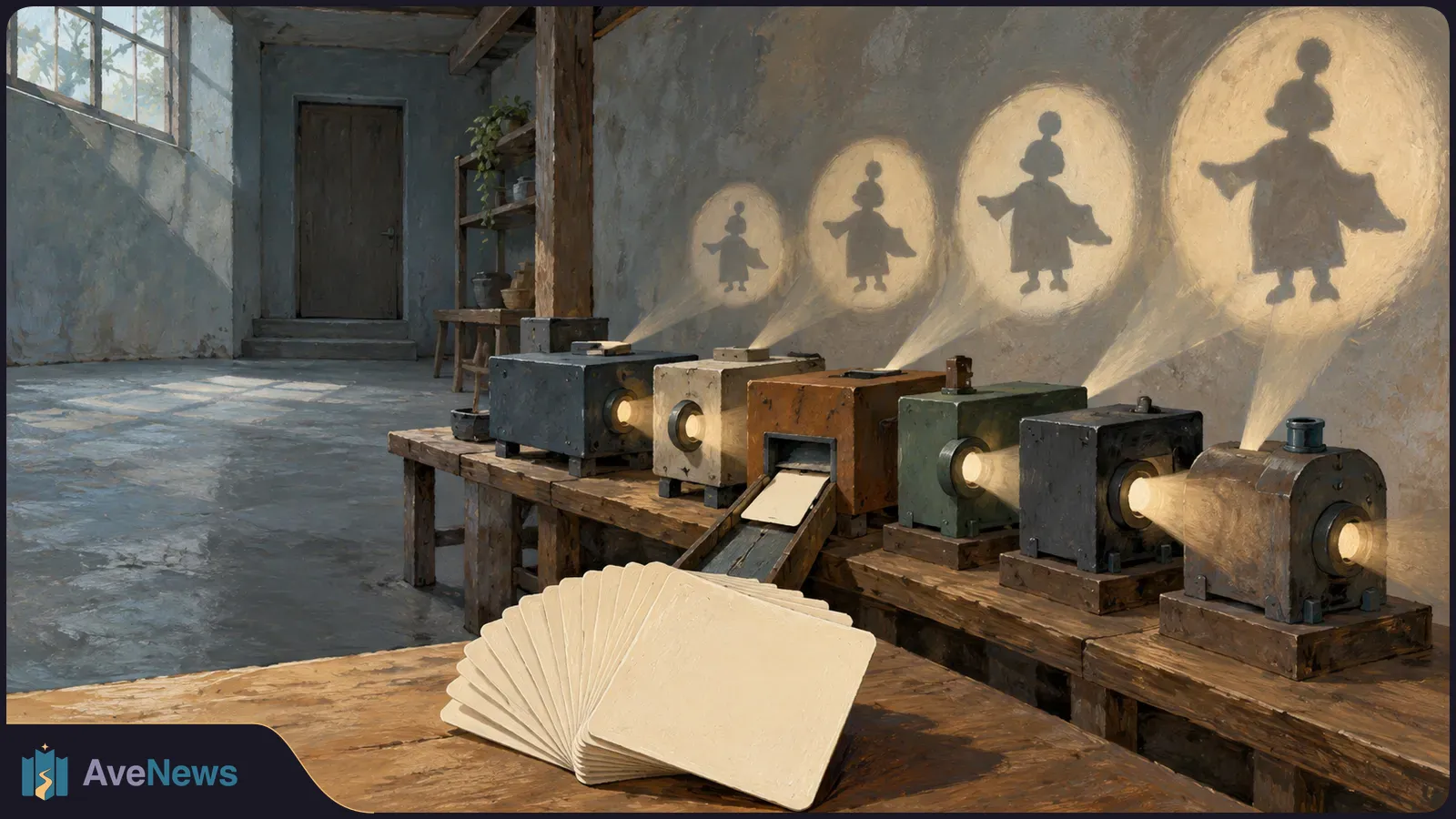 In a painted workshop, boxy projectors cast four similar cartoon-like silhouettes onto a wall. Blank cards are fanned across a wooden table in front. SI illustration