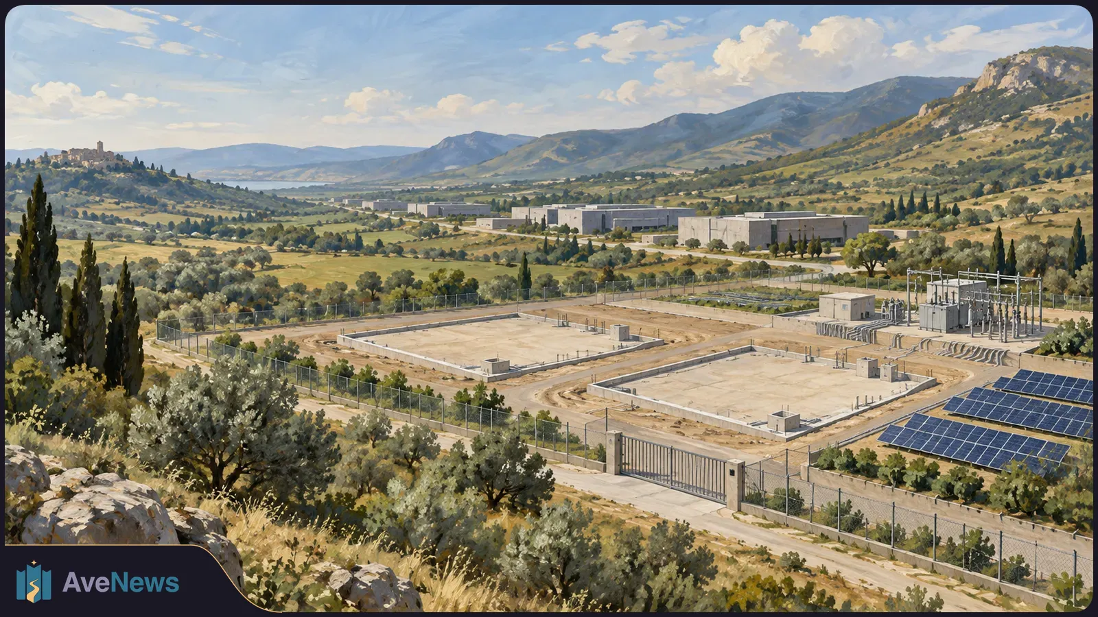 Painted view of low industrial buildings, fenced concrete pads, electrical equipment and solar panels in a green mountain valley. SI illustration