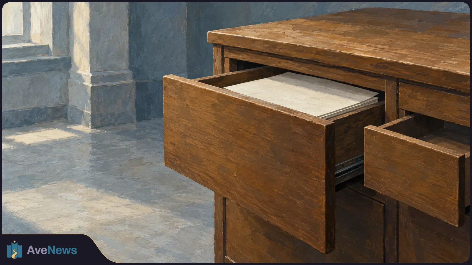 Painterly illustration of a wooden desk with two open drawers, a stack of blank papers in the larger drawer, and sunlight falling across a stone floor. SI illustration