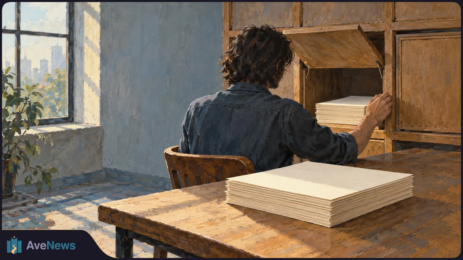 A painted scene shows a person seen from behind opening a wooden cabinet beside a table stacked with blank papers. Sunlight enters through a window. SI illustration