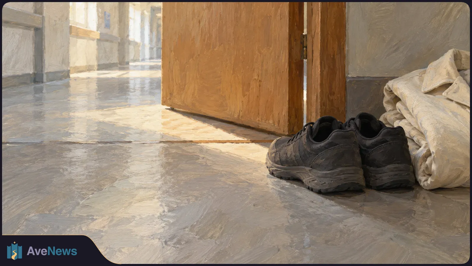 A pair of dark sneakers and folded light-colored fabric sit beside an open wooden door in a sunlit corridor. SI illustration