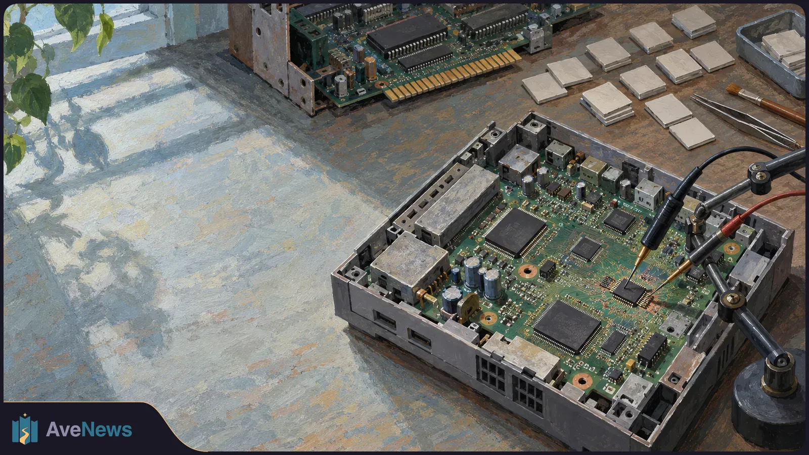 Two probe tips touch a chip on an exposed green circuit board. Loose components and another board lie on a sunlit workbench. SI illustration