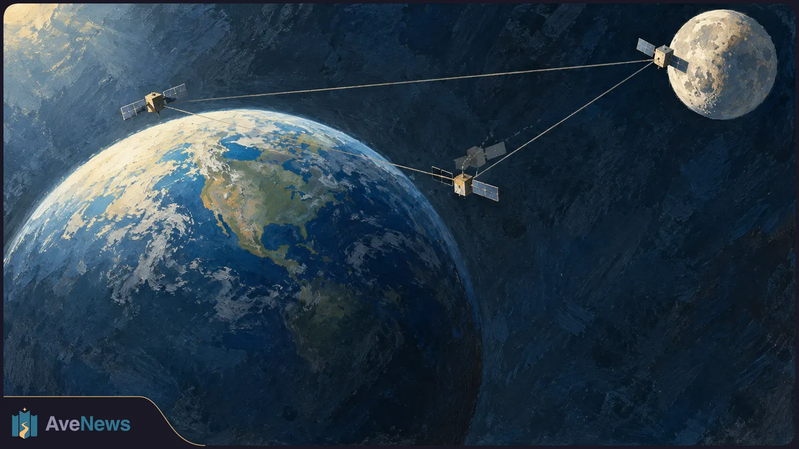 Painted view of Earth and the Moon, with three solar-panel satellites connected by thin lines against dark space. SI illustration