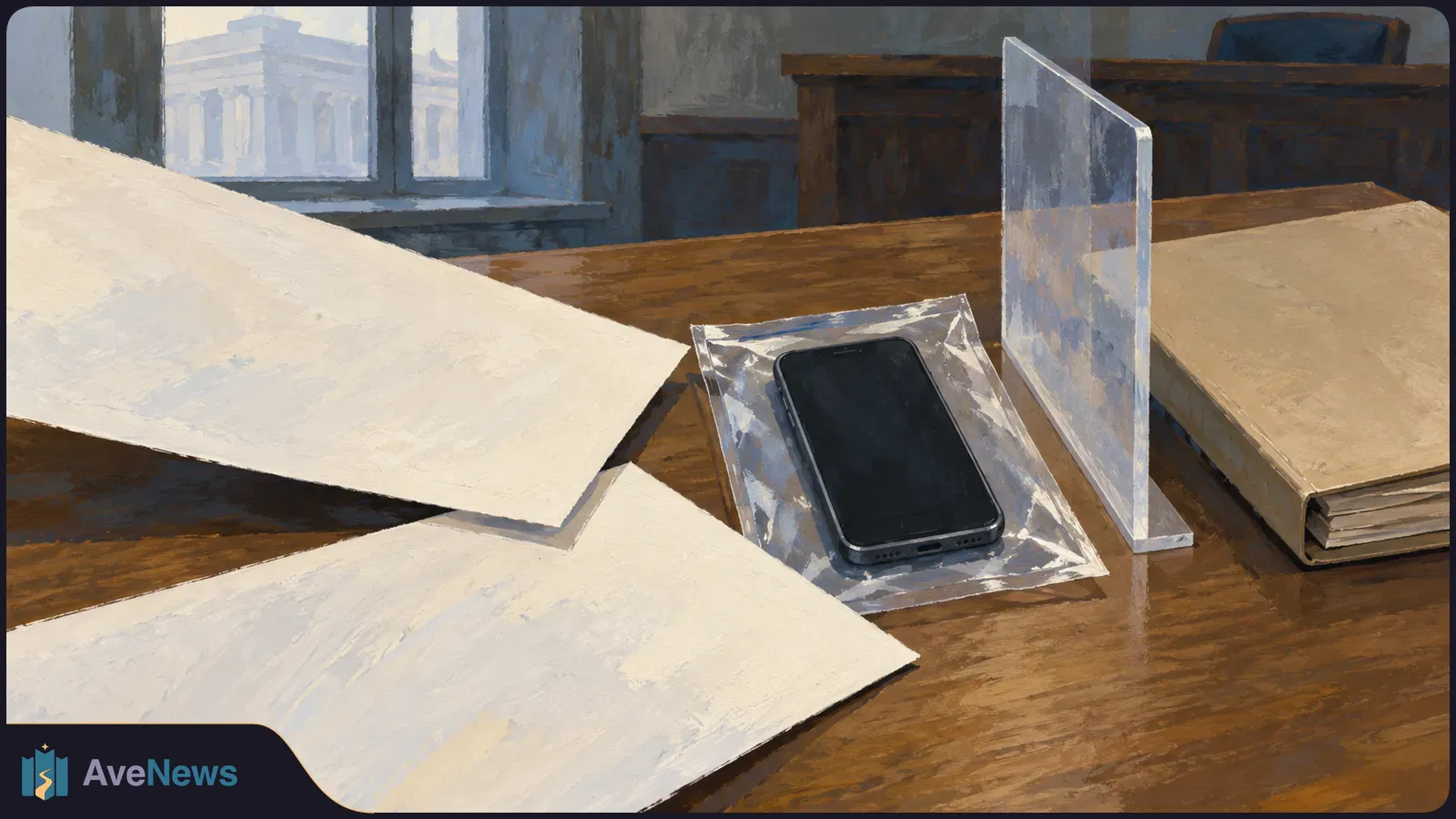 Painted scene of a dark smartphone in a clear sleeve on a wooden table, beside blank sheets, a thick folder and a clear upright panel. A columned building is visible through the window. SI illustration