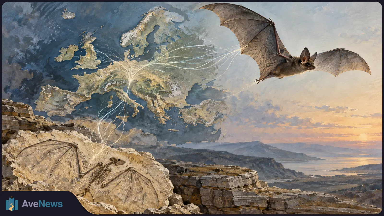 A bat fossil in rock beneath a map of Europe, with pale lines stretching across the map toward a flying bat against a sunset sky. SI illustration
