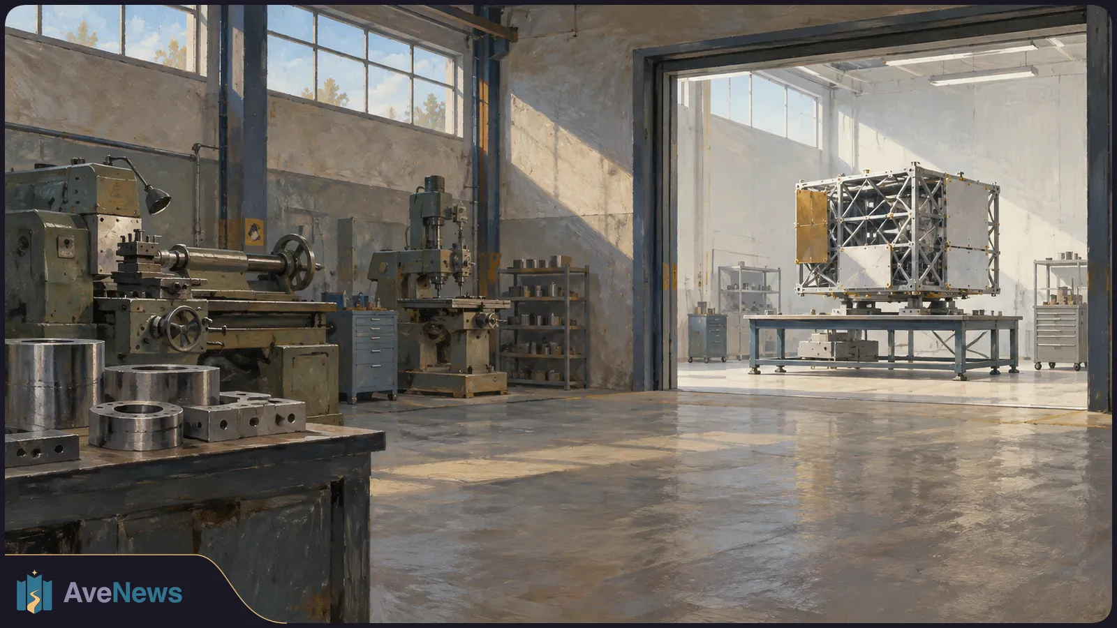An illustrated machine shop with lathes and metal parts in the foreground; a box-shaped spacecraft structure sits on a worktable in a bright adjoining room. SI illustration