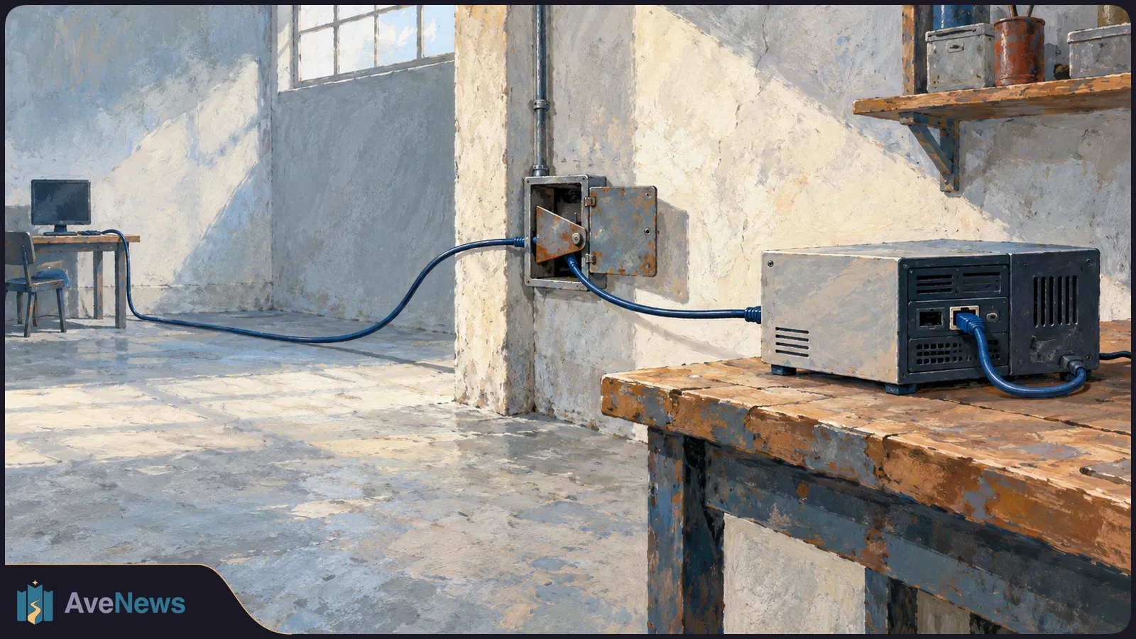 In a painted, sparsely furnished room, a metal box on a workbench is linked by blue cables through an open wall box toward a distant blank monitor. SI illustration