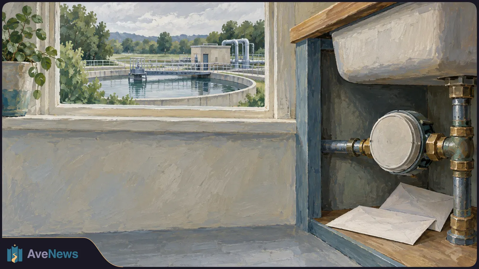 Painted scene of a pipe and round meter beneath a sink, with blank papers nearby. A circular water-treatment basin is visible through the window. SI illustration