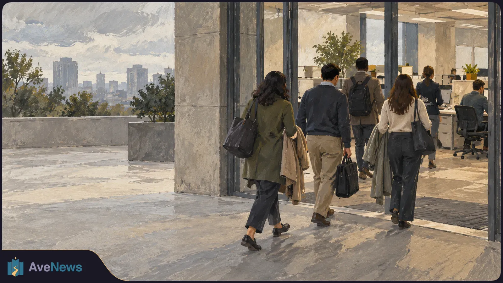 A painterly illustration of people carrying bags and coats as they enter a glass-fronted office, with desks inside and a city skyline beyond. SI illustration
