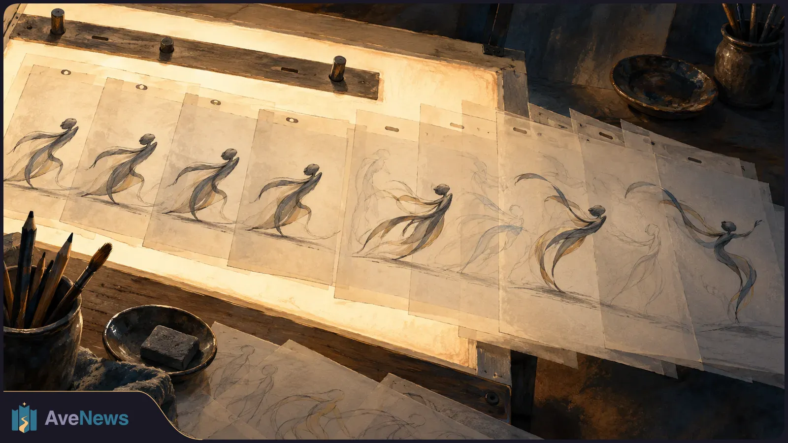 Overlapping animation sheets on a glowing drawing table show a flowing figure in successive poses, with pencils and brushes nearby. SI illustration