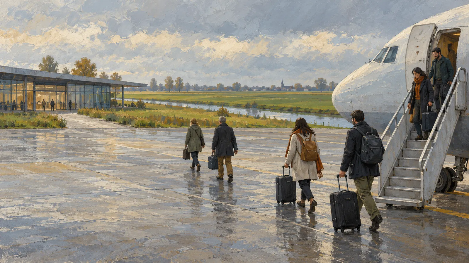A painting of passengers with luggage walking across a wet airport apron toward a glass terminal, while others descend the stairs of a white plane. SI illustration