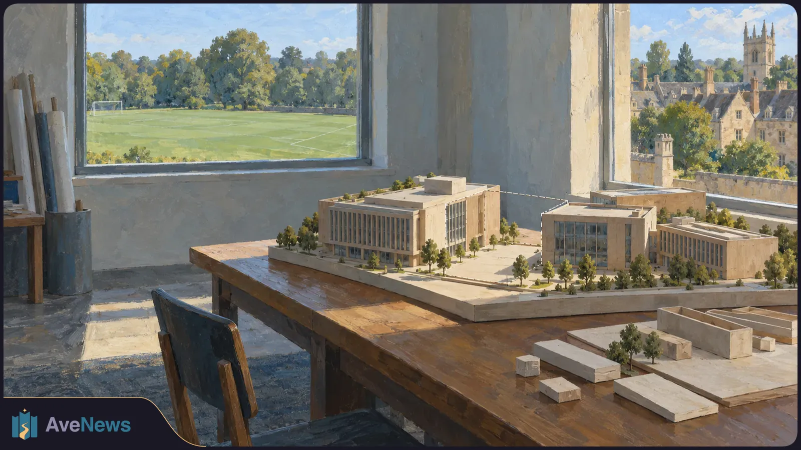 A painted architectural studio with a model of modern buildings on a table; a football pitch and historic stone buildings are visible through the windows. SI illustration