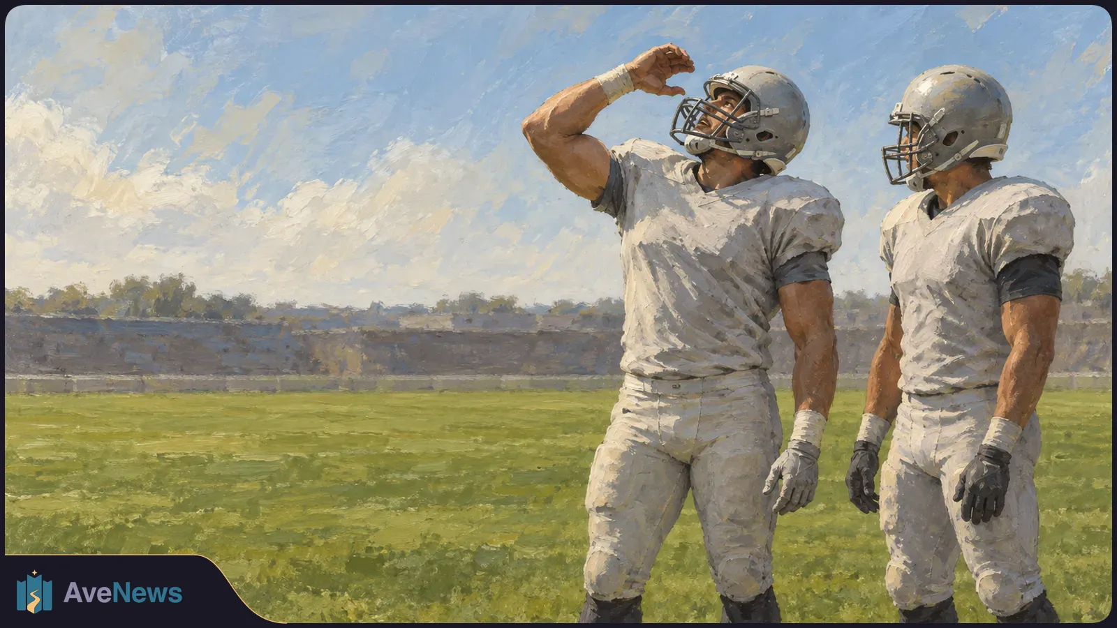 Painterly illustration of two helmeted American football players on a field. One tilts his head back and raises a cupped hand above his face mask; the other watches. SI illustration