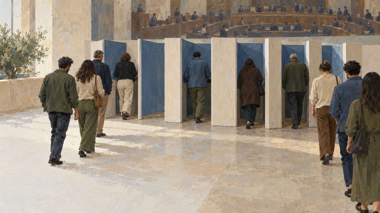 People approach blue-and-white voting booths in a bright hall, with a semicircular chamber of seated figures behind them. SI illustration