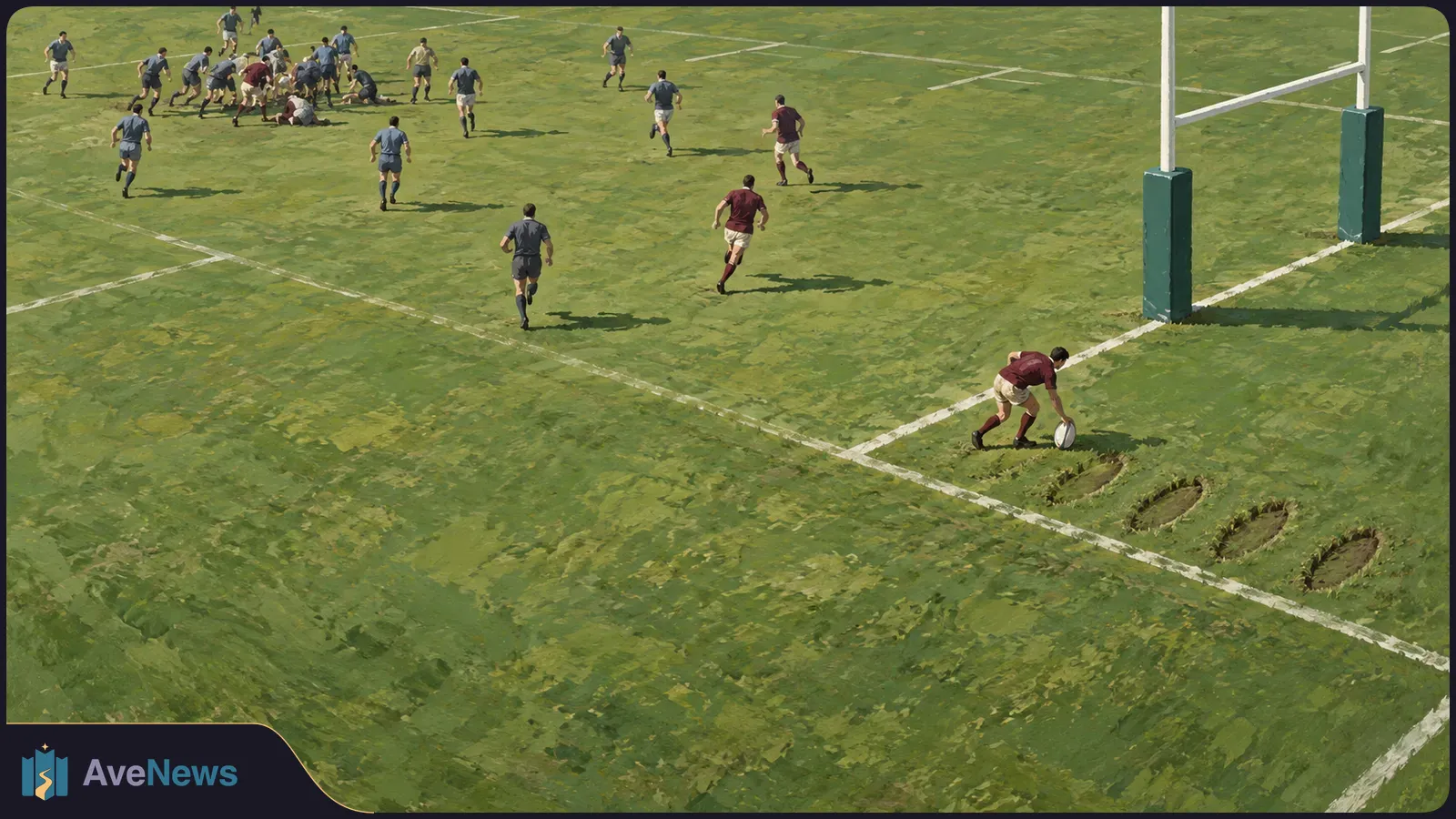 Painterly overhead view of a rugby player grounding the ball near the posts, with four gouges in the turf beside him and other players across the field. SI illustration