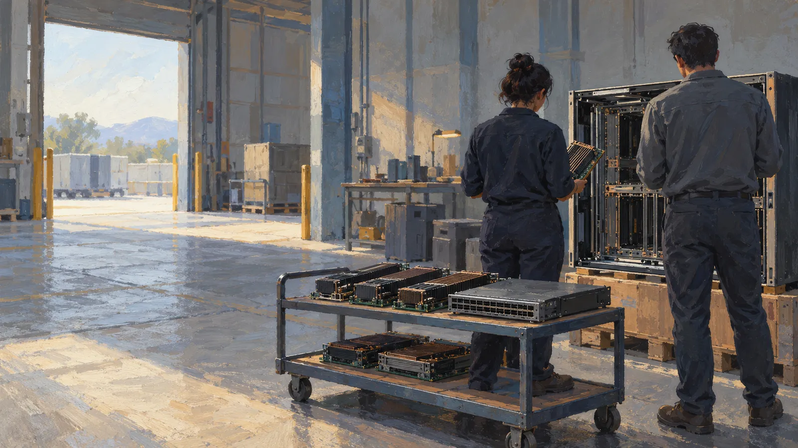 Illustration of two workers beside an open equipment rack in a warehouse, with electronic components and a network device on a rolling cart. SI illustration