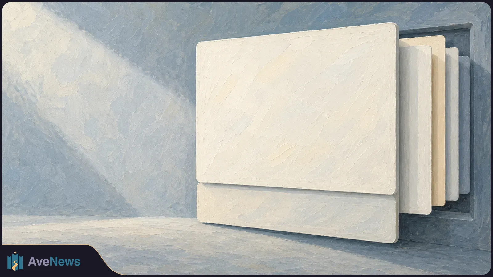 A painted stack of blank, cream-colored rectangular panels projects from a blue-gray wall, with a beam of light falling across the left side. SI illustration