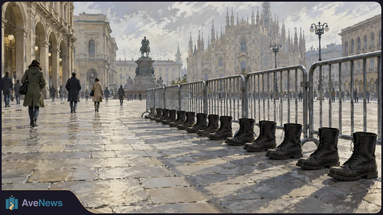 Painterly view of a cathedral square with pedestrians walking past metal barriers and a row of empty black boots. SI illustration