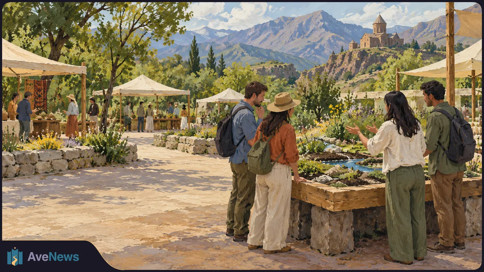 Illustration of visitors among white tents and flower beds on a sunlit path, with mountains and a hilltop church in the background. SI illustration