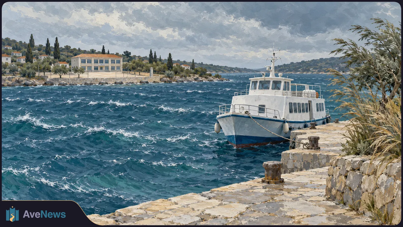 A white-and-blue ferry moored at a stone pier amid choppy water, with buildings and trees across the bay under heavy clouds. SI illustration