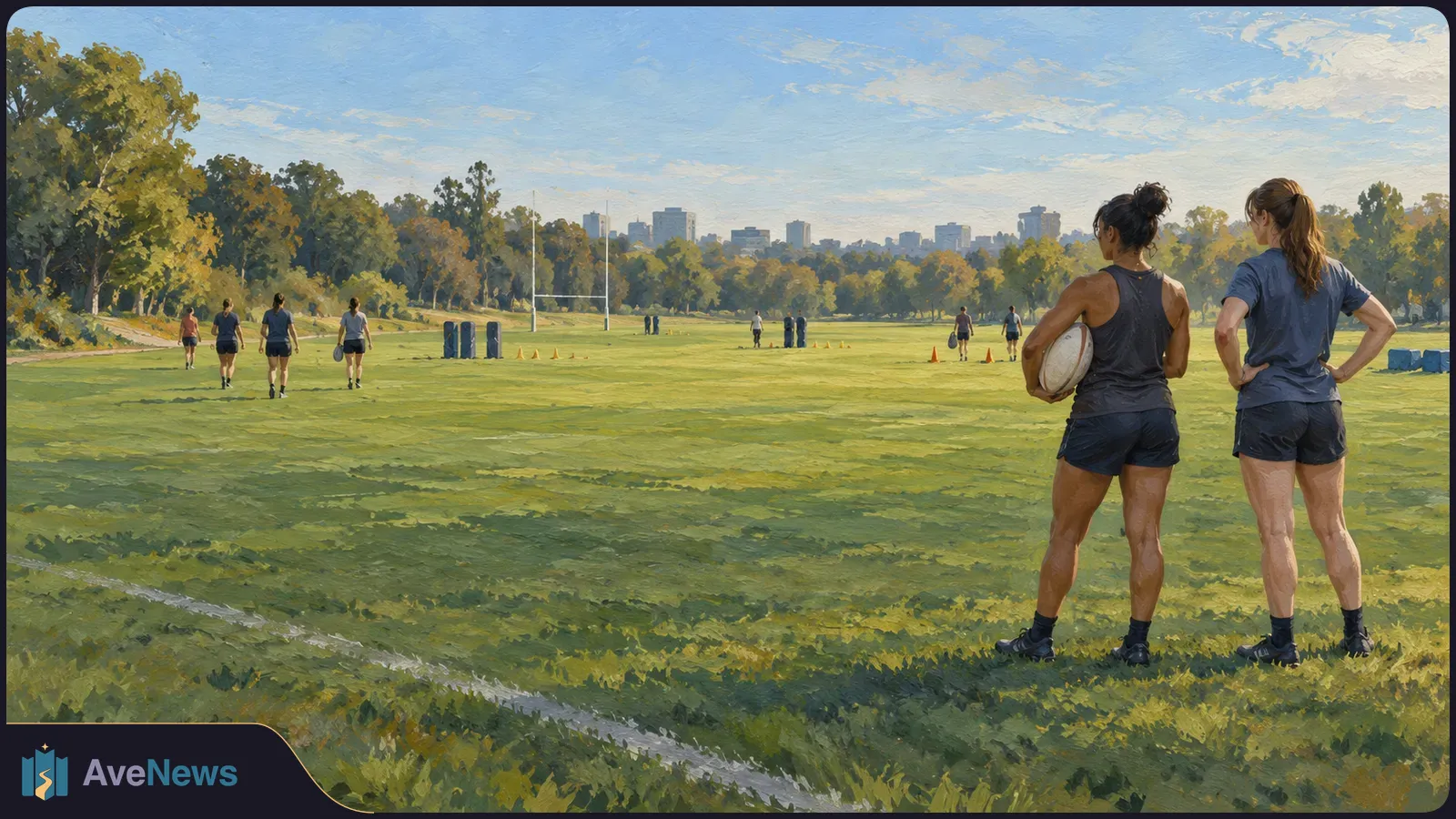 Painted scene of two women standing at the edge of a grassy rugby field, one holding a ball. Other players, goalposts, trees and distant buildings are visible. SI illustration