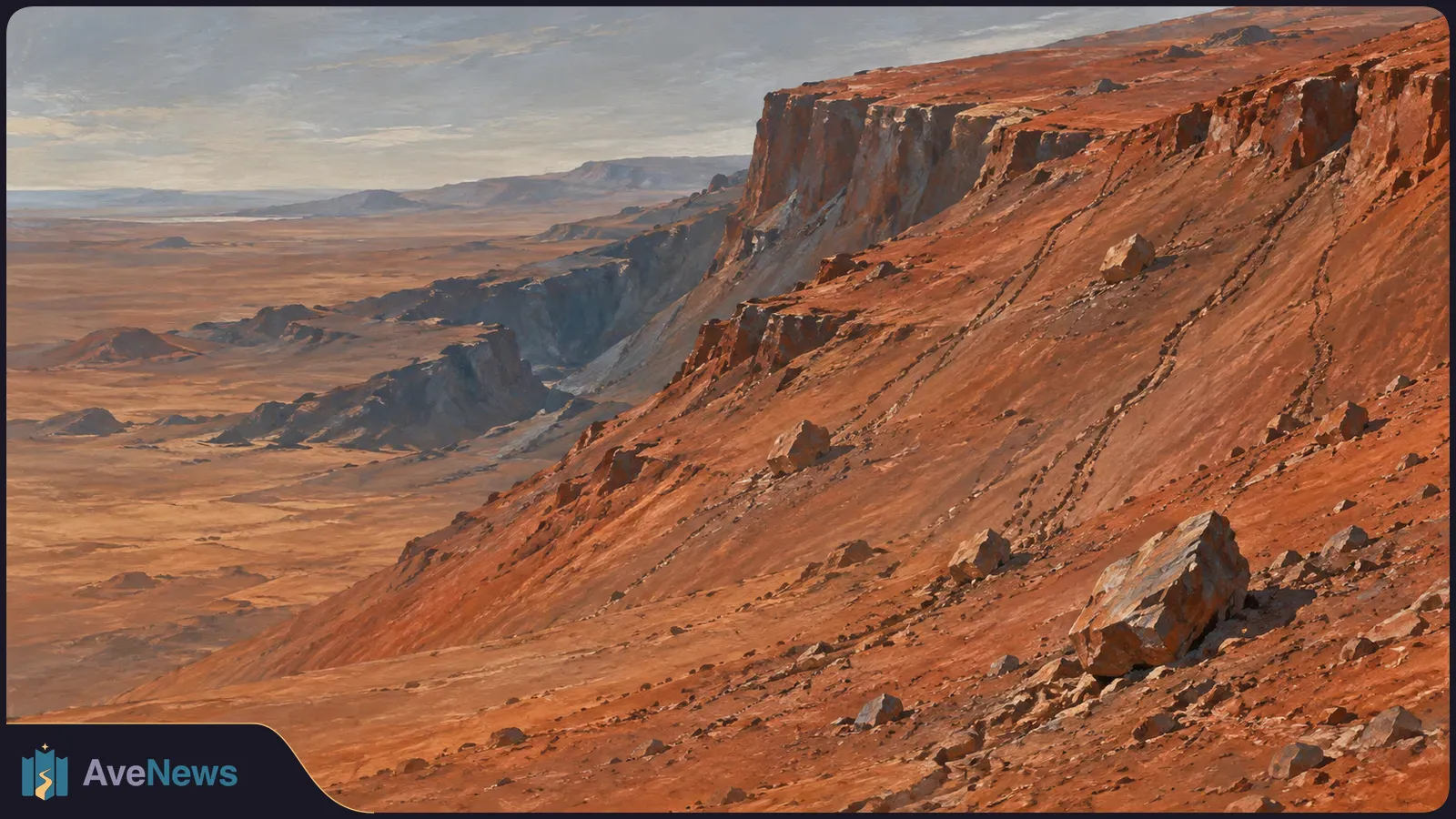 Dark tracks cross a rust-red rocky slope dotted with boulders. Steep cliffs and a barren plain stretch into the distance. SI illustration