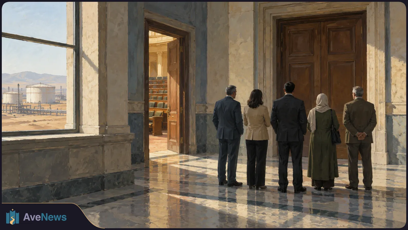 Illustration of five people seen from behind in a marble hall, facing closed wooden doors; an open doorway shows a chamber, and oil tanks are visible through a window. SI illustration