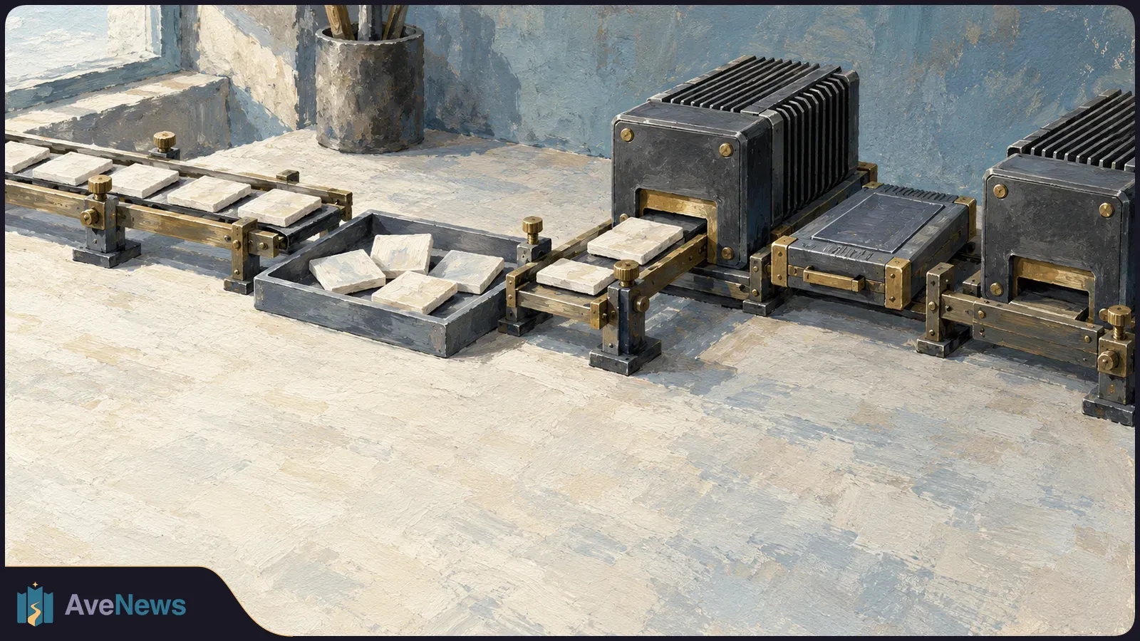 Painterly illustration of white rectangular blocks on conveyors passing through dark ribbed machines, with more blocks in a tray beside a sunlit window. SI illustration