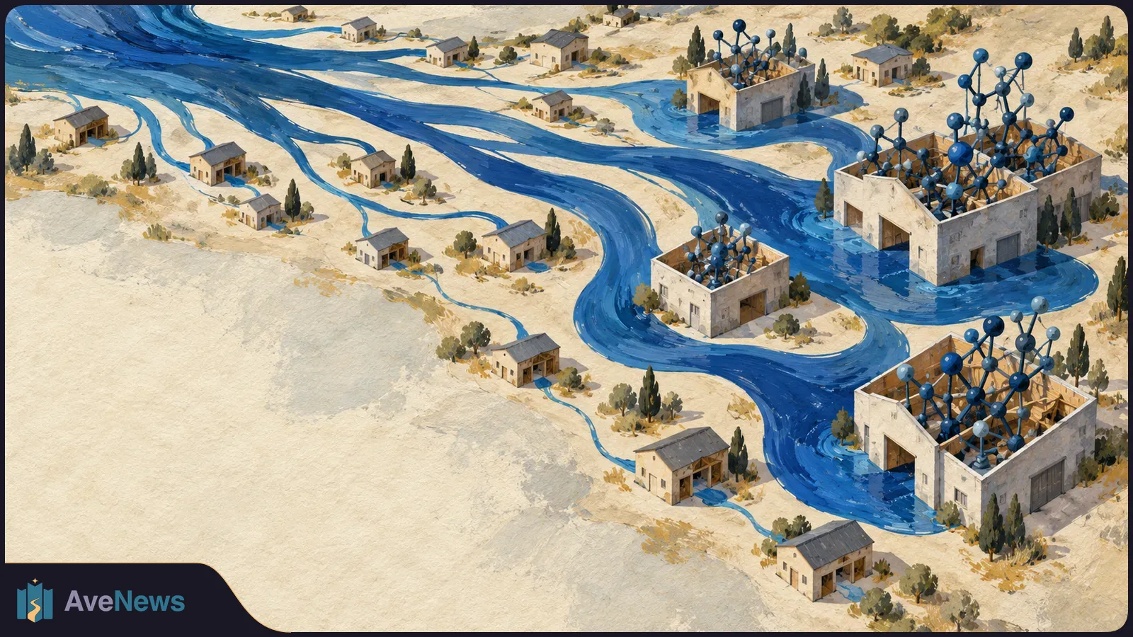 Painted aerial scene of broad blue streams winding around large roofless buildings filled with blue node-and-link structures; thinner streams lead to small houses. SI illustration