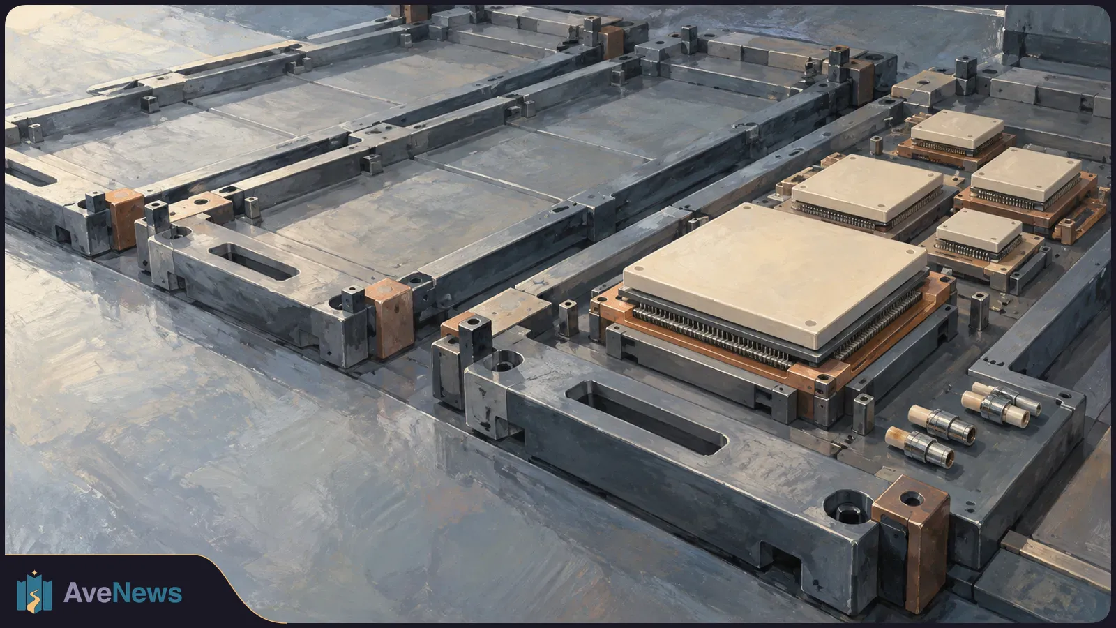 Illustration of several pale rectangular chip packages set in dark metal frames, with small cylindrical connectors at the lower right. SI illustration