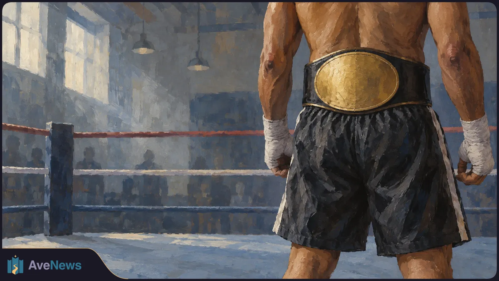 Painted rear view of a boxer with wrapped hands and a gold belt standing in a ring, with a shadowy crowd beyond the ropes. SI illustration
