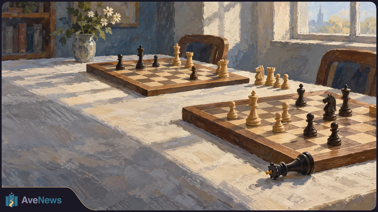 Painted scene of two chessboards with scattered pieces on a sunlit table; a black king lies on its side in the foreground, with flowers and a window behind. SI illustration