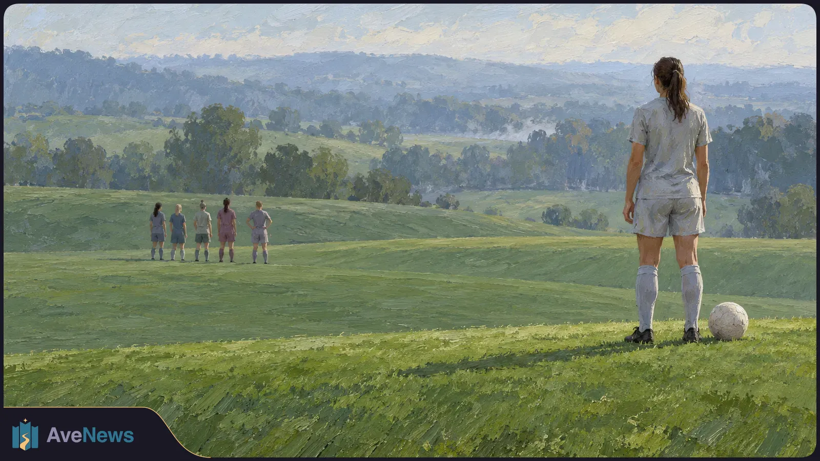 Painted scene of a football player seen from behind beside a ball on a grassy hill, with four players farther away and wooded hills beneath a cloudy sky. SI illustration