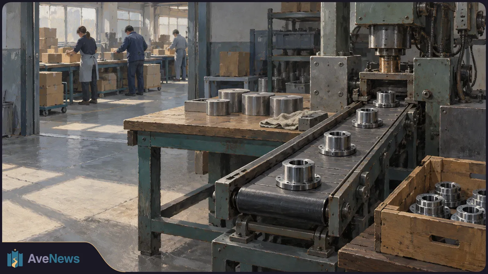 Illustration of a factory floor with metal parts on a conveyor beneath a large machine, a wooden crate of parts, and three workers at packing tables in the background. SI illustration