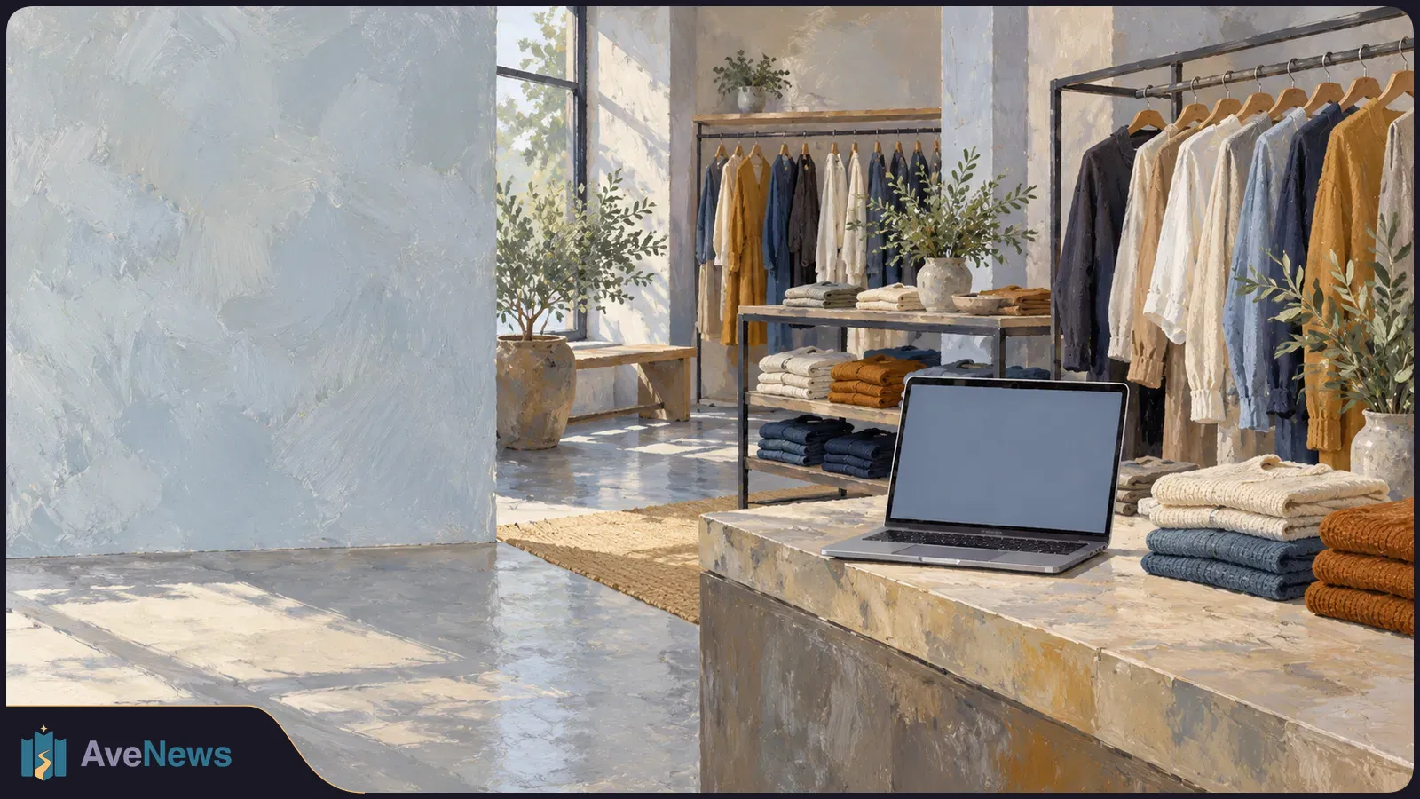 Painted fashion boutique with clothing racks, folded sweaters, potted plants and an open laptop with a blank screen on a display table. SI illustration
