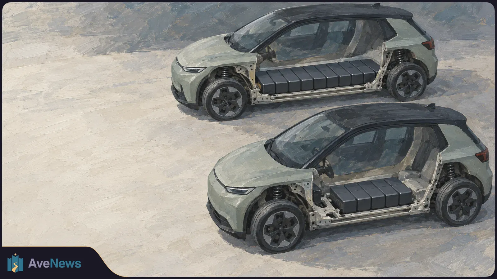 Painterly illustration of two pale hatchbacks with their side panels removed, revealing a longer row of battery modules in the upper car and a shorter row in the lower one. SI illustration