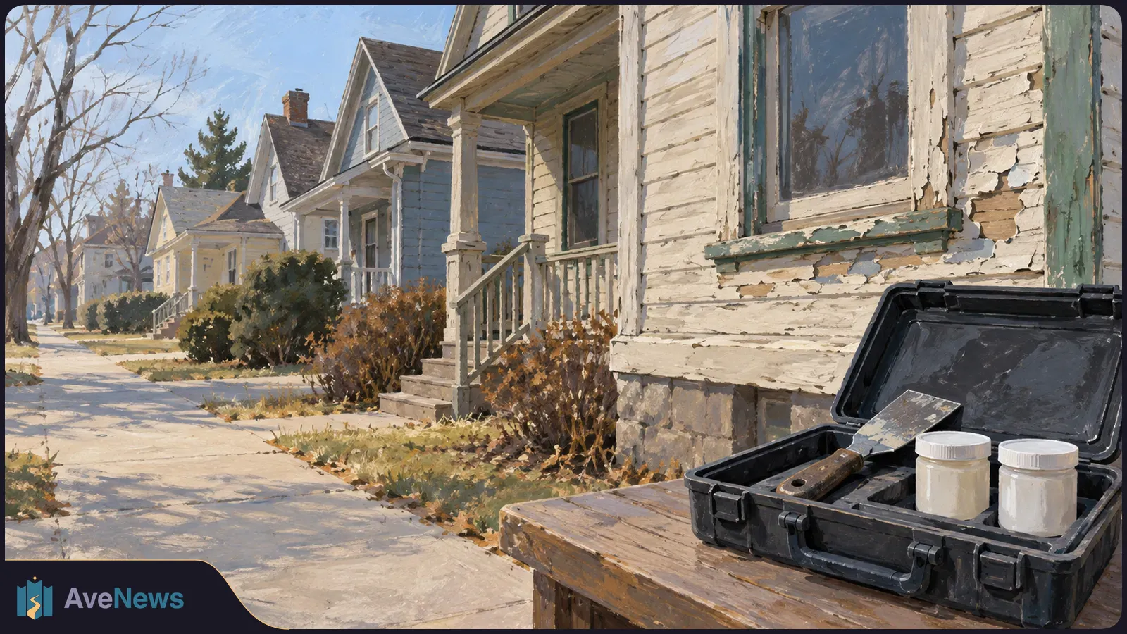 An open case with a scraper and two white jars sits beside a peeling wooden house; more houses line the sidewalk. SI illustration