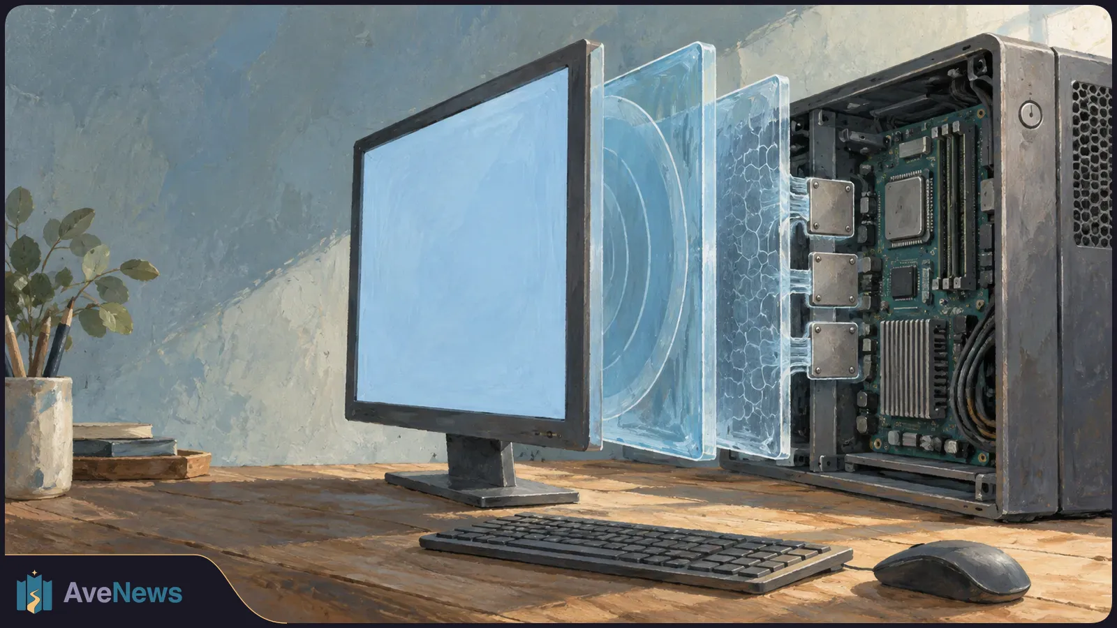 Painted illustration of a desktop computer on a wooden desk, with two translucent blue panels between its blank monitor and open tower. A keyboard, mouse and plant sit nearby. SI illustration