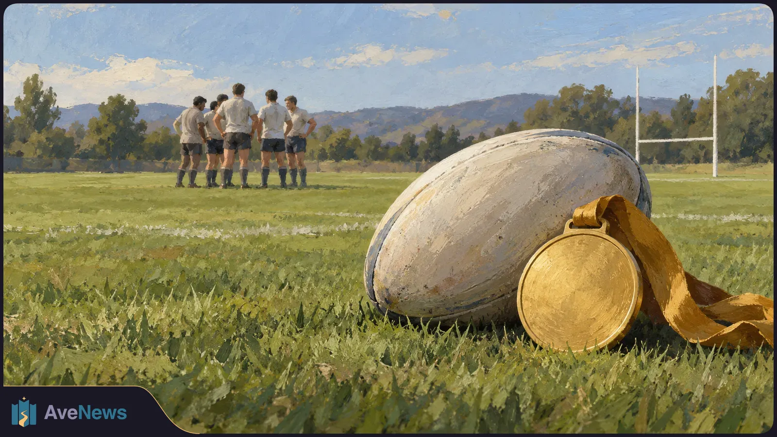 A rugby ball and a blank gold medal rest on grass in the foreground. Five players gather near the goalposts, with trees and hills behind them. SI illustration