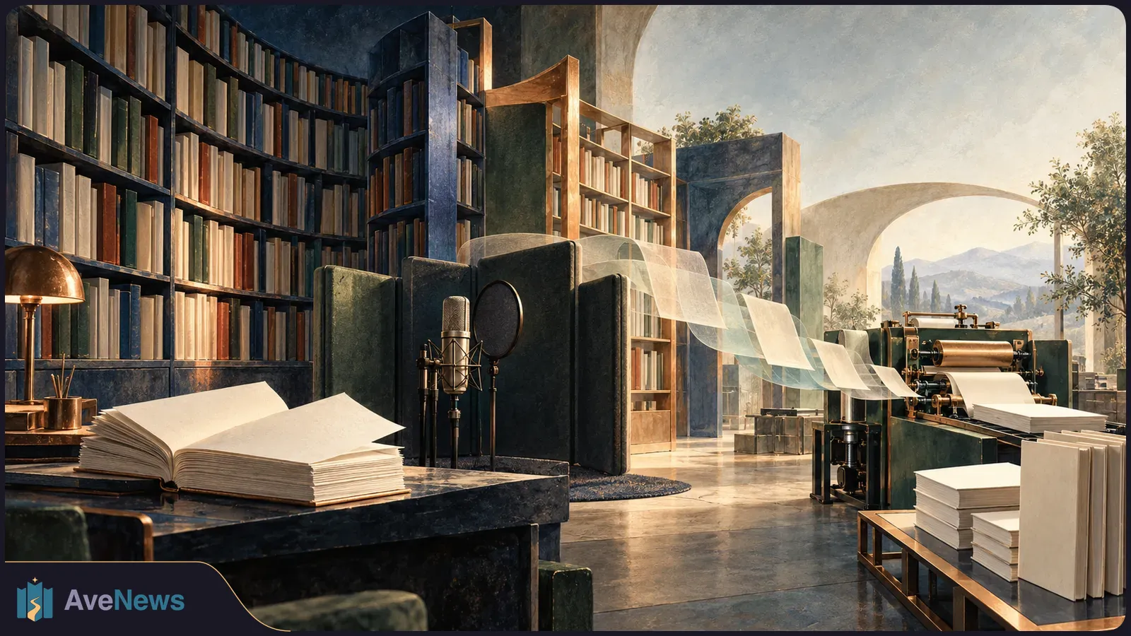 An open book and recording microphone in a book-lined room; translucent pages sweep toward a printing press and stacks of books. SI illustration