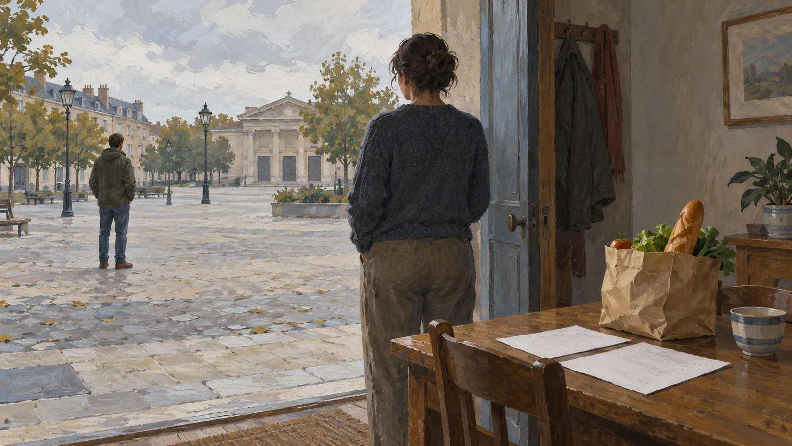 A painted scene of a woman at an open doorway looking toward a man in a tree-lined square. A grocery bag, papers and a cup sit on a table beside her. SI illustration