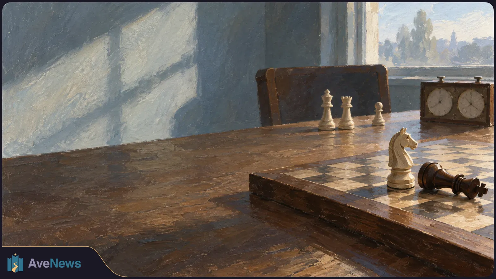 Painterly scene of a chessboard on a wooden table, with a white knight beside a fallen black king, other white pieces and a two-dial chess clock near a sunlit window. SI illustration