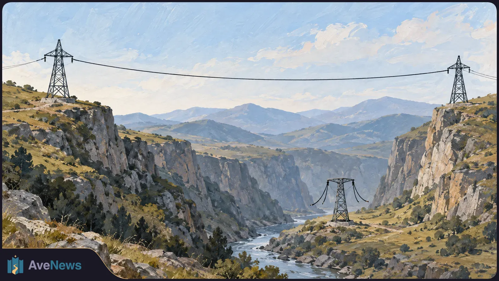 Painted mountain gorge with a power line spanning two cliff-top pylons; a third pylon below has dangling wires beside a river. SI illustration