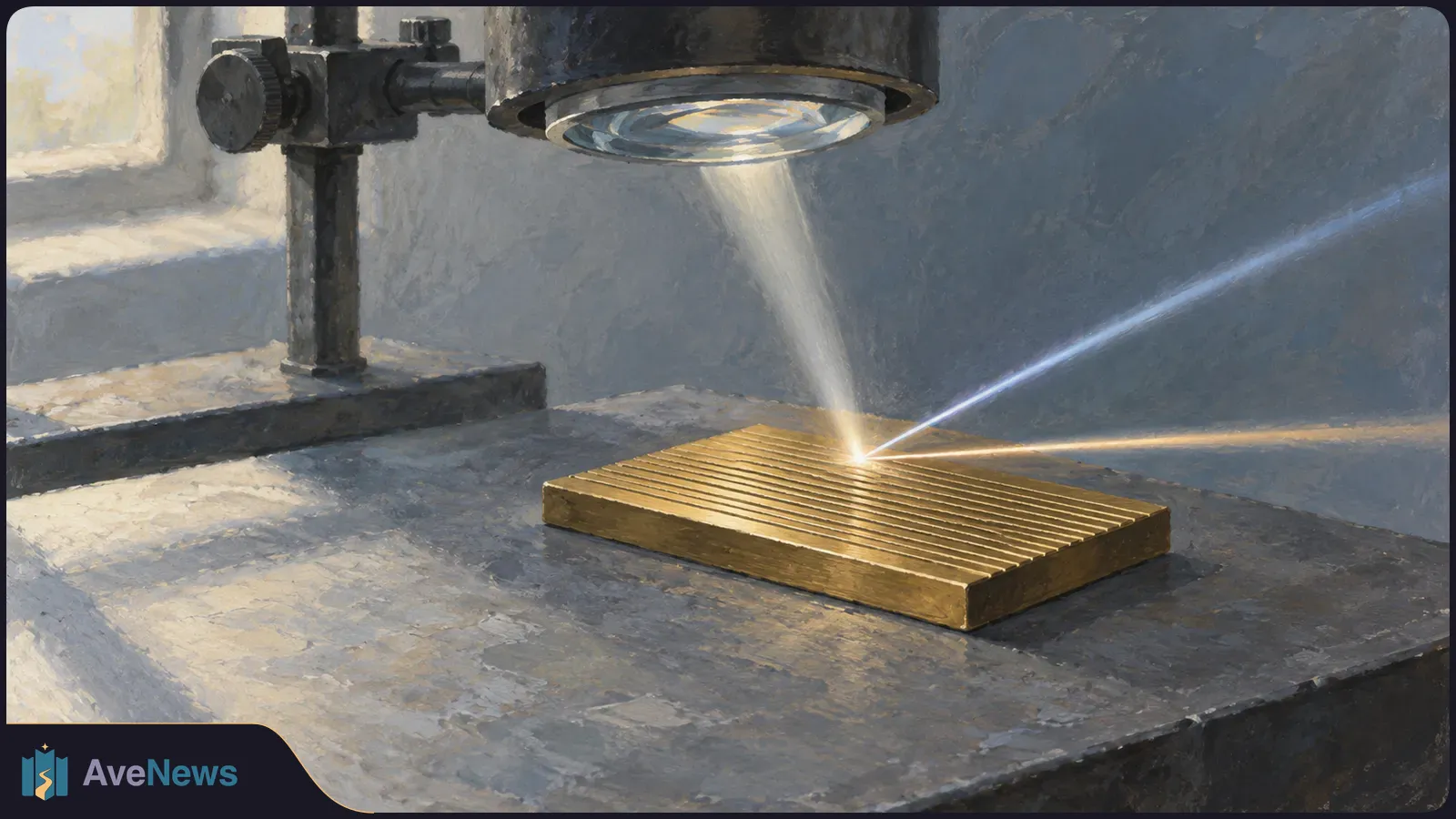 Painted illustration of a focused light beam striking a ridged gold plate beneath an optical instrument, with two beams extending to the right. SI illustration