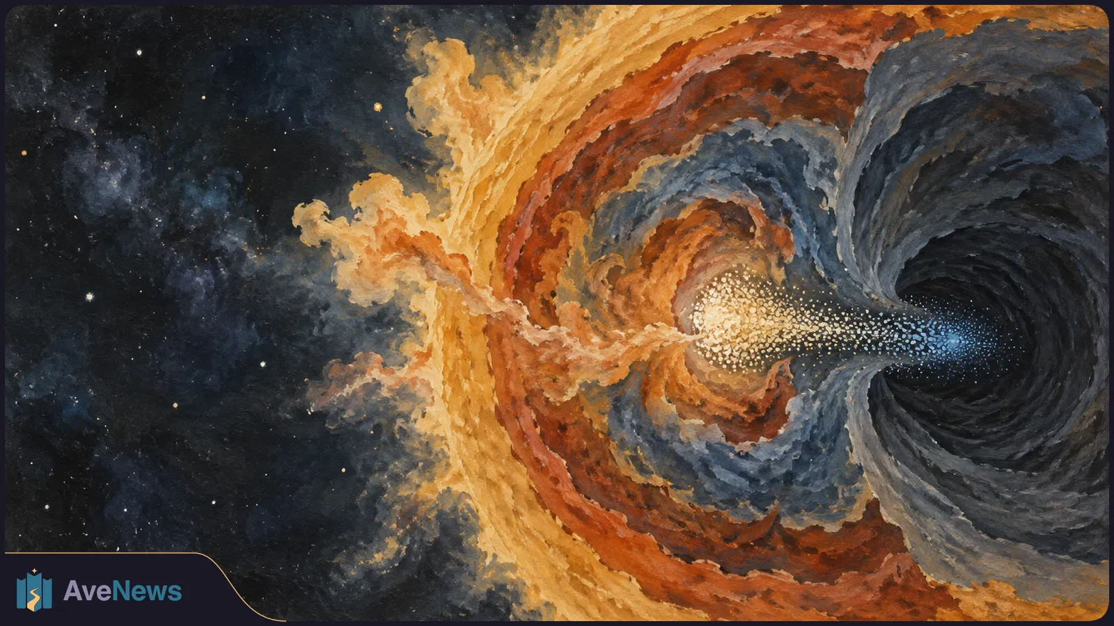 Painted space scene with orange and blue clouds swirling around a dark funnel. Bright specks stream toward it against a starry background. SI illustration