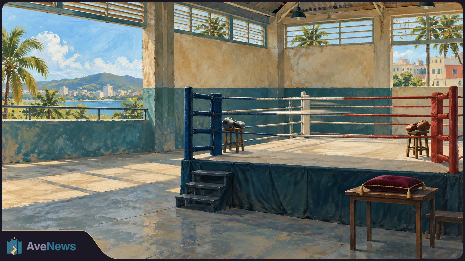 A painted, empty boxing ring in an open-sided gym, with gloves on stools beside opposite corners and palm trees, water and buildings beyond. SI illustration
