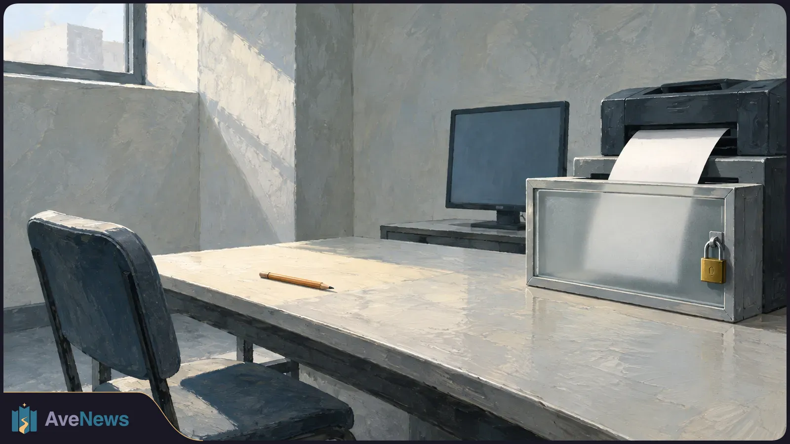 Painted illustration of an empty desk with a chair and pencil, a blank monitor, and a printer feeding a blank sheet behind a padlocked metal box. SI illustration